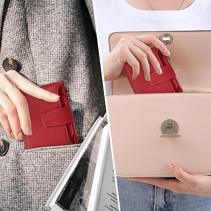 Airkit Small Wallet Women RFID Blocking Leather Bifold Compact Card Holder Wallet for Women with Zipper Coin Pocket 4 ID Window
