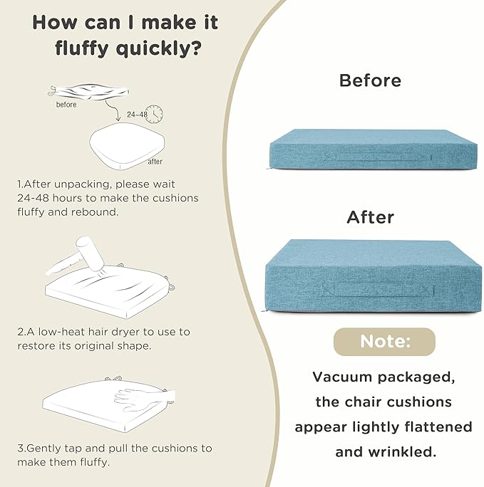 AddGrace Recliner Cushions for Elderly Thick Seat Cushion 20"x20"x4" Chair Pads with Non Slip Backing and Washable Cover for Couch Armchair Chairs Light Blue