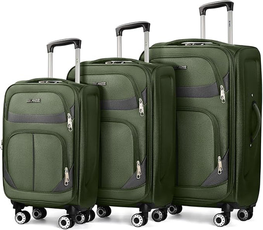 3-Piece Softside Expandable Luggage Set with Front Open Pocket,Lightweight Durable Suitcase Sets Double Spinner Wheels & w/LOCK（Green-Grey,20in/24in/28in）