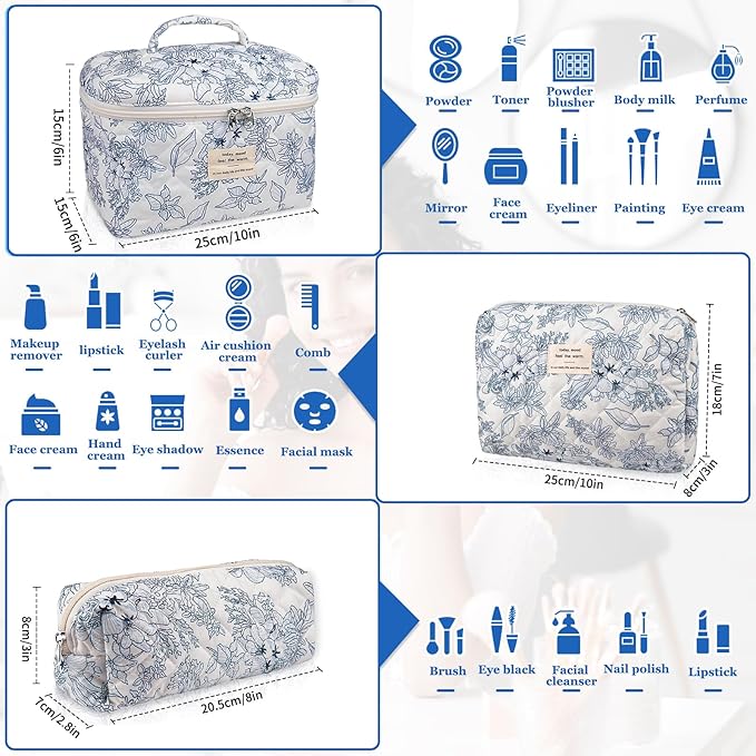 Quilted Makeup Bag Set, Large Floral Cosmetic Bag for Women, Cute Cotton Makeup Bag, Flower Travel Toiletry Organizer Bag. (Navy Blue)