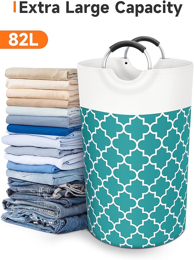 Large Laundry Basket Laundry Hamper Bag Washing Bin Clothes Bag Collapsible Tall with Handles Waterproof Travel Bathroom College Essentials Storage for College Dorm, Family (Green) 82L