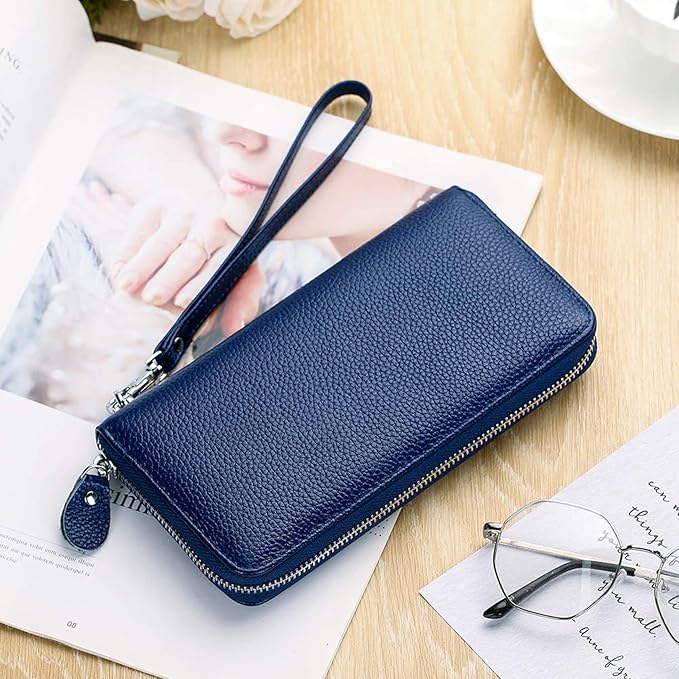 Moflycom Womens Wallet RFID Blocking Genuine Leather Zip Around Wallet Clutch Wristlet Travel Long Purse for Women