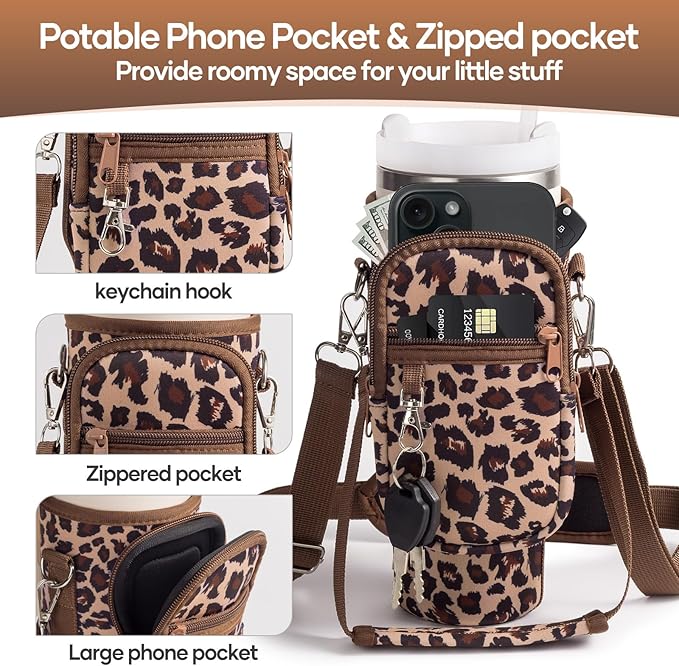linmaya Water Bottle Carrier Bag for Stanley Cup 40/30oz with Phone Holder Pockets,Neoprene Water Bottle Cross-body Bag with Adjustable Shoulder & Hand Strap Stanley Cup Accessories