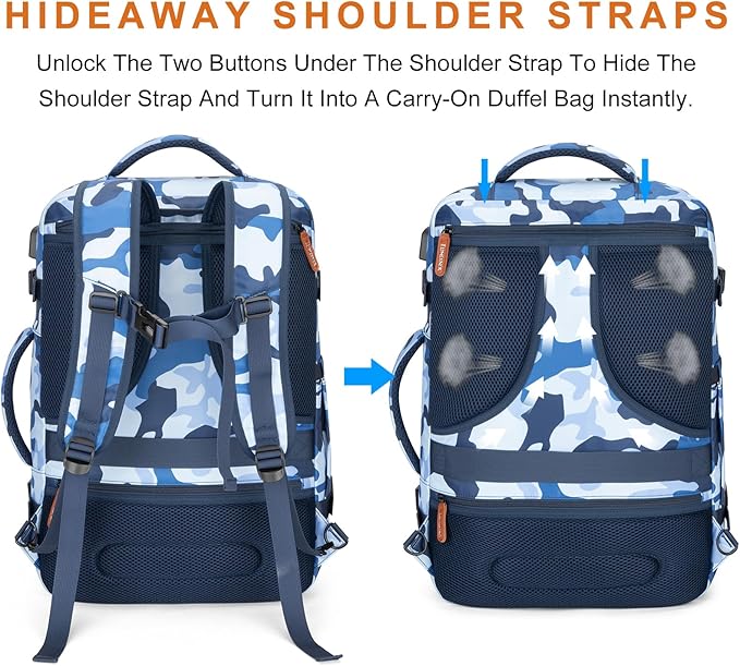 Lumesner Carry on Travel Backpacks, Extra Large 40L Flight Approved for Men & Women,Expandable Suitcase backpack (Camouflage Blue(Backpack With 4 Packing Cubes))