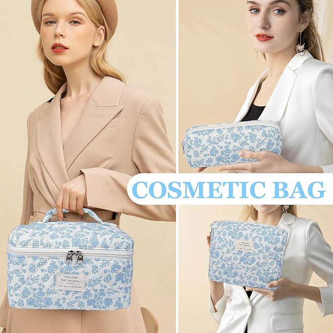 3pc Makeup Bag Set, Quilted Makeup Bag Set, Large Floral Cosmetic Bag for Women, Cute Cotton Makeup Bags, Flower Travel Toiletry Organizer Bag (Star White Rabbit)