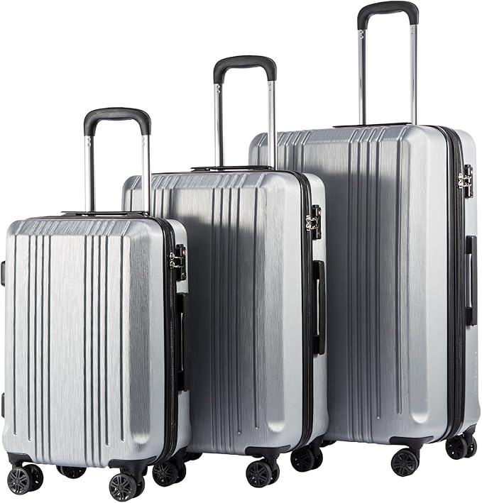 Coolife Luggage 3 Piece Set PC+ABS Hardshell Suitcases with TSA Lock, Spinner Lightweight (sliver, 3 piece set)