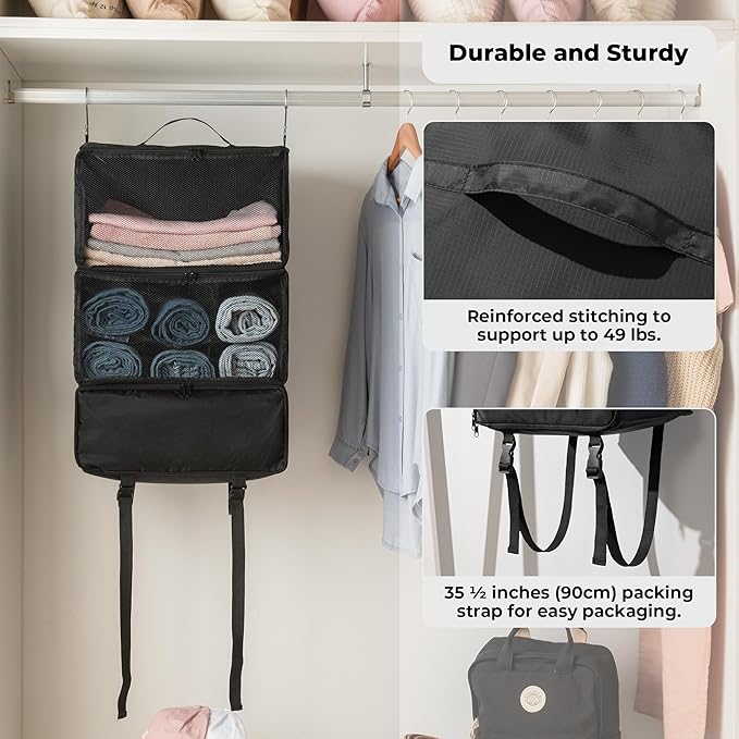 GRANNY SAYS Hanging Packing Cubes for Travel, Large Portable Hanging Suitcase Organizer, Foldable Compression Luggage Organizer Bags for Clothes, Carry on Closet Suitcase, XXL-Black Travel Shelves