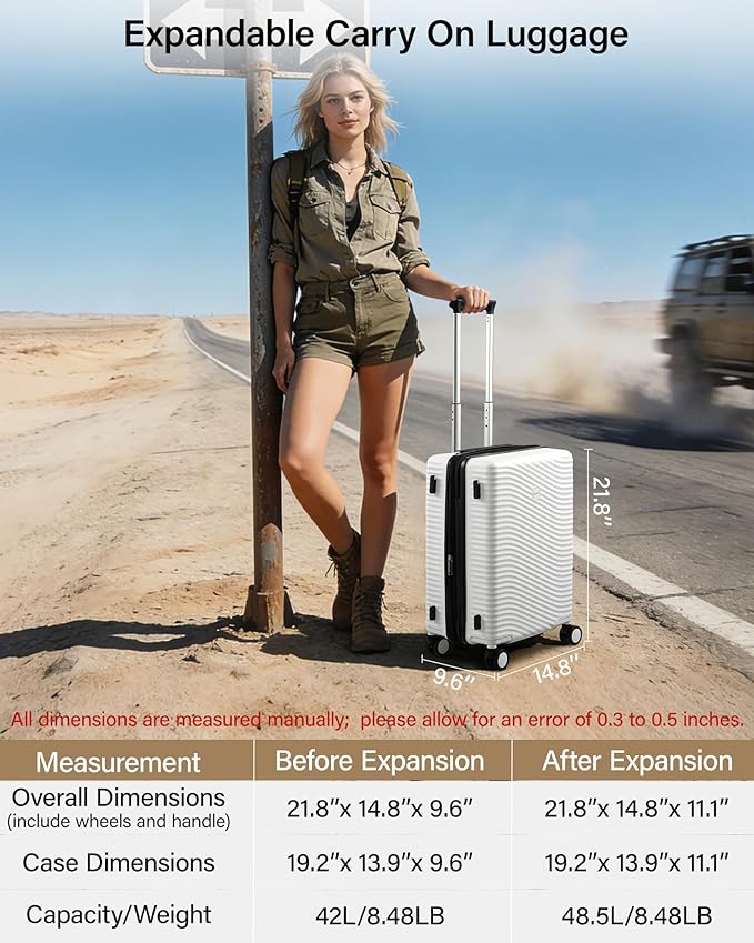 MILADA Expandable Carry On Luggage 20 Inch - Airline Approved Hardshell Suitcase with 8 Spinner Wheels, TSA Lock, Water-Resistant PC Shell, Lightweight & Durable for Travel, White