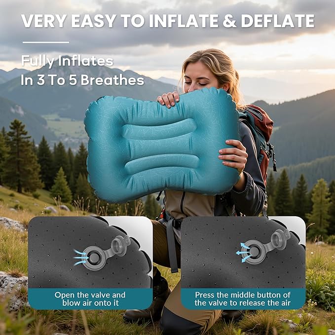Ultralight Inflatable Camping Pillow, Compressible, Compact, Comfortable, Ergonomic Inflating Pillows, Portable Travel Air Pillow for Outdoor Camp, Hiking, Backpacking & Airplane Travel