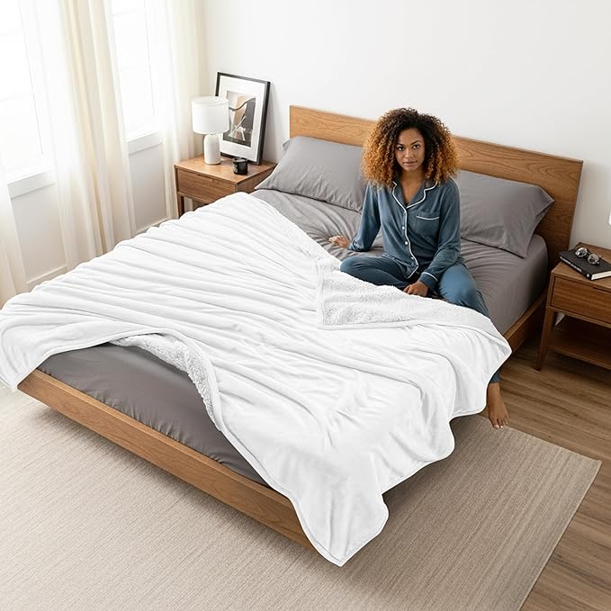 Utopia Bedding Sherpa Blanket California King Size (White, 102x96 Inches) - Soft Lightweight Plush Fleece Reversible Blanket for Bed, Sofa, Couch, Camping and Travel