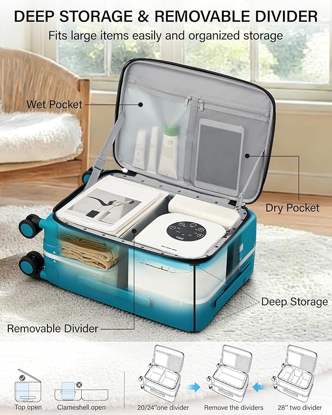Hanke 20 Inch Top Opening Carry On Luggage, Hard Shell Suitcase with Cup Holder,USB Charging Port, Aluminum Frame with TSA Lock, 8 Spinner Wheels, Dry-Wet Separation Removable Dividers,Caribbean Blue