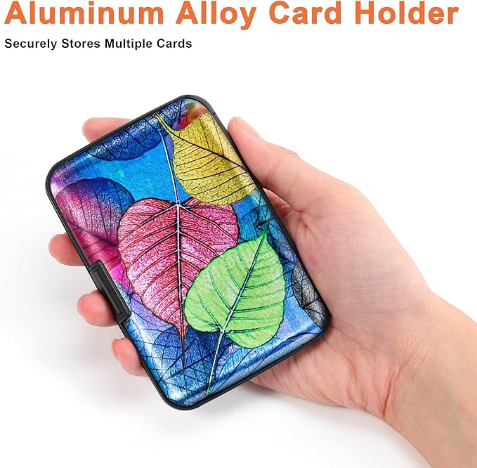 Mayski Credit Card Holder, RFID Blocking, Aluminum Alloy Hard Case, Small Mini Business Metal Wallet for Women Men, Colorful Leaves