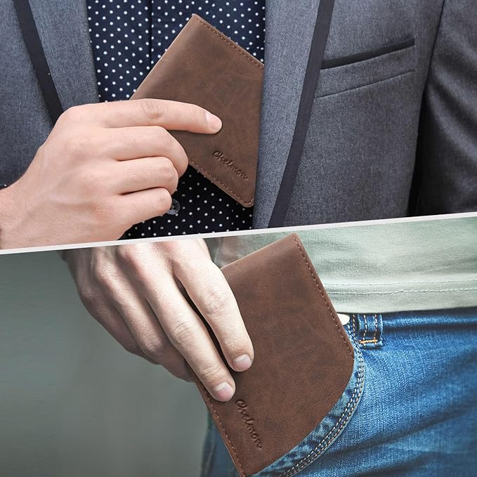 Chelmon Slim Wallet for Men ID Window with RFID Blocking Front Pocket Minimalist Bifold Bussiness Card Holder Gift for Men, CH Coffee