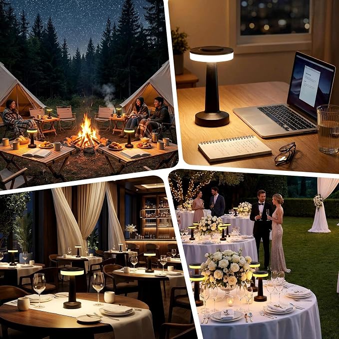 Riakrum 2 Pcs Black LED Portable Cordless Table Lamp Bulk with Touch Sensor 3 Color Stepless Dimming Rechargeable Battery up to 15 Hours Cordless Table Light Wireless Lamp Wedding Home