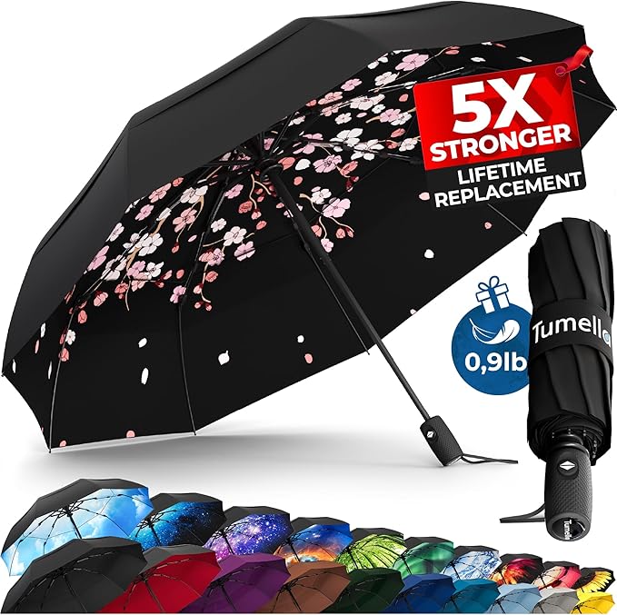 TUMELLA Strongest Windproof Travel Umbrella (Compact, Superior & Beautiful), Small, Wind-Tested, Light & Portable, Automatic Folding Rain Umbrella, Durable Premium Grip, Fits Car and Backpack