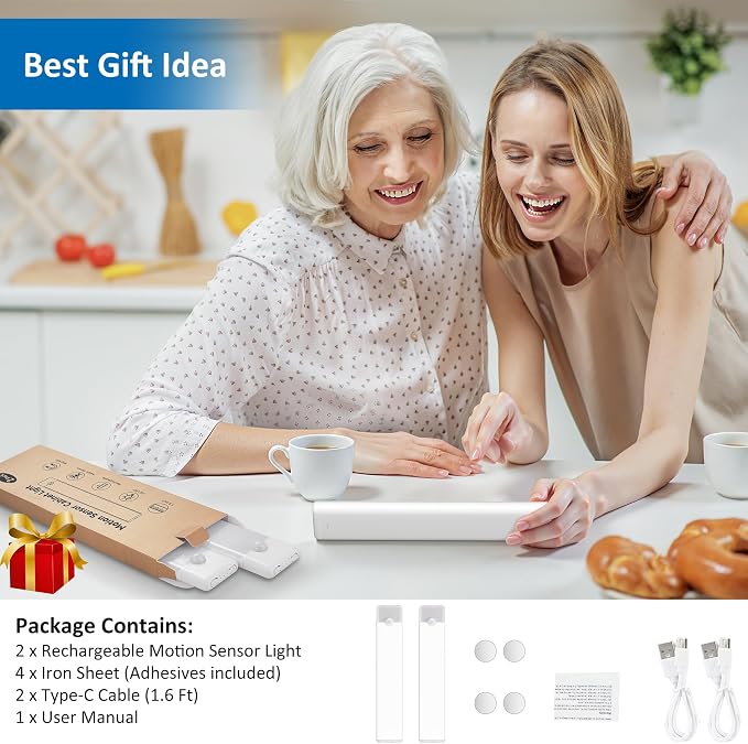 Motion Sensor Under Cabinet Lights, 2-Pack, Cool White, 8 inch | Magnetic, Rechargeable Under Counter Closet Light, Wireless Night Light Bar, 10% to 100% Dimming, USB Cable Included