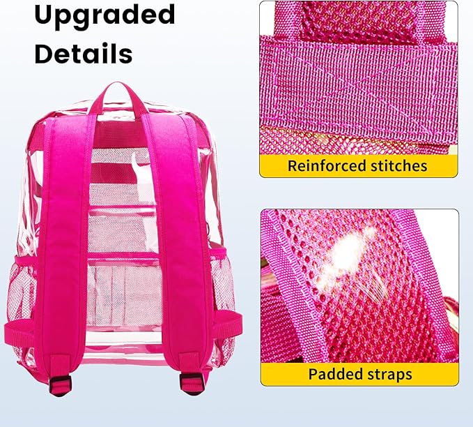 Vorspack Clear Backpack Heavy Duty PVC Transparent Backpack with Reinforced Strap Stitches & Large Capacity for College Workplace Security - Pink