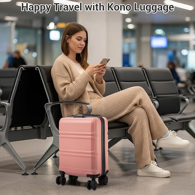 Kono 15'' Underseat Carry On Luggage Airline Approved, Anti-Scratch PC+ABS Hardshell Carry on Suitcase with Smooth Spinner Wheel, Lightweight Overnight Carry on for Short Travel, Nude/Rose Pink