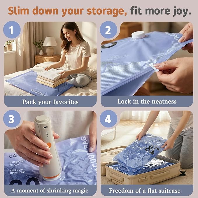 QcoQce Wireless Vacuum Storage Bags with Pump, 12-Pack (2 L/4 M/4 S/2 Bonus),Space Saving Bags for Travel, Moving & Home Organization,Compression Packing Cubes for Suitcase, Closet & Cruise Must Haves