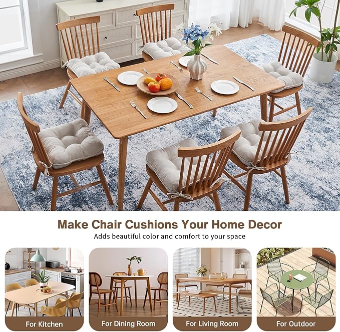 BETU Chair Cushions for Dining Chairs Set of 6,3.5" Thick Kitchen Table Chair Pads with Ties,Non Slip Backing and Covers, Seat Cushion for Dining Room,Bar,Patio Chairs,16"X16"X3.5",Beige