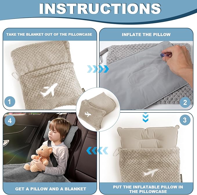 Travel Blanket Airplane Compact with Bag, Travel Essentials 3 in 1 Packable Airplane Blanket, Travel Pillow and Blanket Set, Inflatable Pillow, Luggage Sleeve & Backpack Clip (Camel)