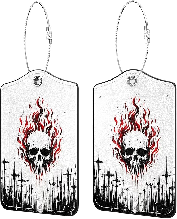 2 Pack PU Leather Luggage Tags for Suitcases, Privacy Protection Cover with Stainless Steel Loop and Address Card, Travel Cruise Essentials (Flame Skull)