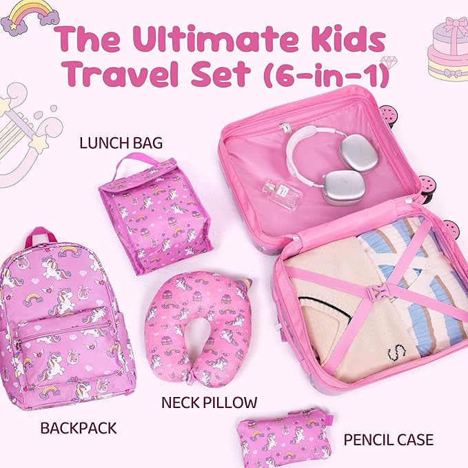 Kid’s Luggage Set 6 Piece Suitcase Set 16’’ Hardside Luggage with Spinner Wheels Girls Boys Carry on Luggage Travel Rolling Luggage Airline Approved