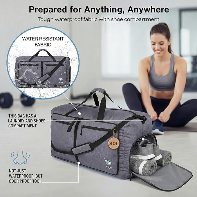 Bago Large Duffle Bag for Travel Women & Men. Durable Lightweight Foldable Travel Duffel Bags For Traveling Women. 80L Duffle Bags For Overnight Bag With Shoe Compartment Collapsible Weekender duffel