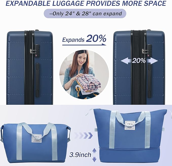 Merax Luggage Sets 5 Piece, Hardside 20" Half-opening Carry On Suitcase Set with USB Port,Lightweight Travel 24" 28" Luggage with Bags TSA Locks Double Spinner Wheels,Blue