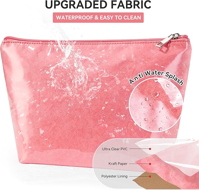 WLLWOO PVC Waterproof Makeup Bag Kraft Paper Cosmetic Bag Travel Toiletry Zipper Pouch Organizer for Women Purse