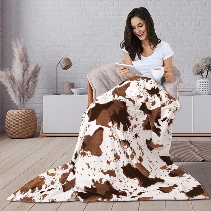 Cow Print Blanket 60"x80", Ultra Soft Flannel Cow Throw Blanket for Couch Bed and Travel, Cow Print Throw Blankets for Bed, All Seasons Blanket 60"x80" (Light Brown)