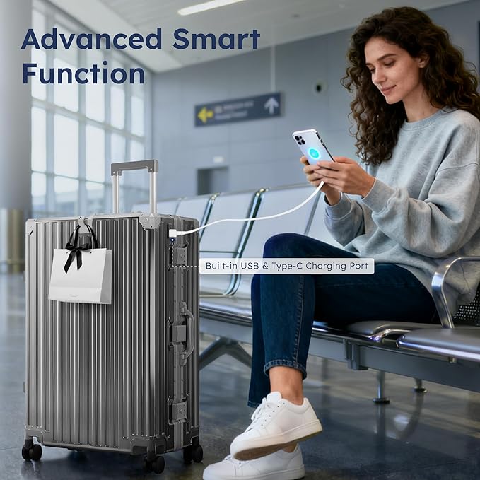 ALPHA CAMP 2 Piece Luggage Sets With Dual Layer Aluminum Frame, TSA Locks, 3-Layer PC 20" Carry-on 28" Checked Lightweight Hardside Zipperless Travel Suitcase Sets, Type-C USB Charging Port