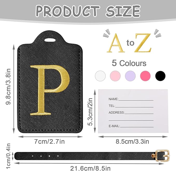 Initial Letter Luggage Tags for Suitcases, Personalized Embroidered Letter Luggage Bag Suitcase Identifier Name Tag, Cute PU Leather Travel Luggage Tags, Bag Tags for Luggage Handbags(Black P)