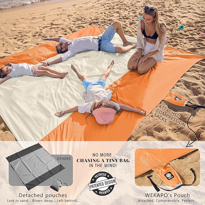 WEKAPO Beach Blanket Sandproof Waterproof, Extra Large Beach Mat, Oversized & Compact Sand Free, Quick Drying Beach Essentials for Vacation, Cruise, Picnic & Camping with Stakes