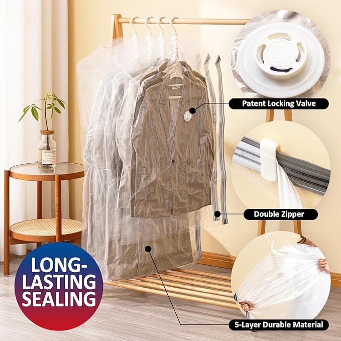 Hanging Vacuum Storage Bags, 4 Pack Hanging Storage Bags for Clothes With Electric Pump, Vacuum Sealed for Suits, Dress, Jackets (4 Long)