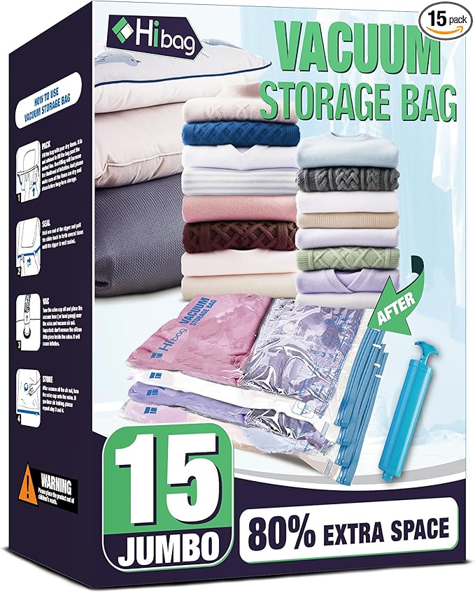 HIBAG 15 Jumbo Vacuum Seal Bags for Clothing, Vacuum Storage Bags for Clothes, Comforters, Blankets, Bedding (15J)
