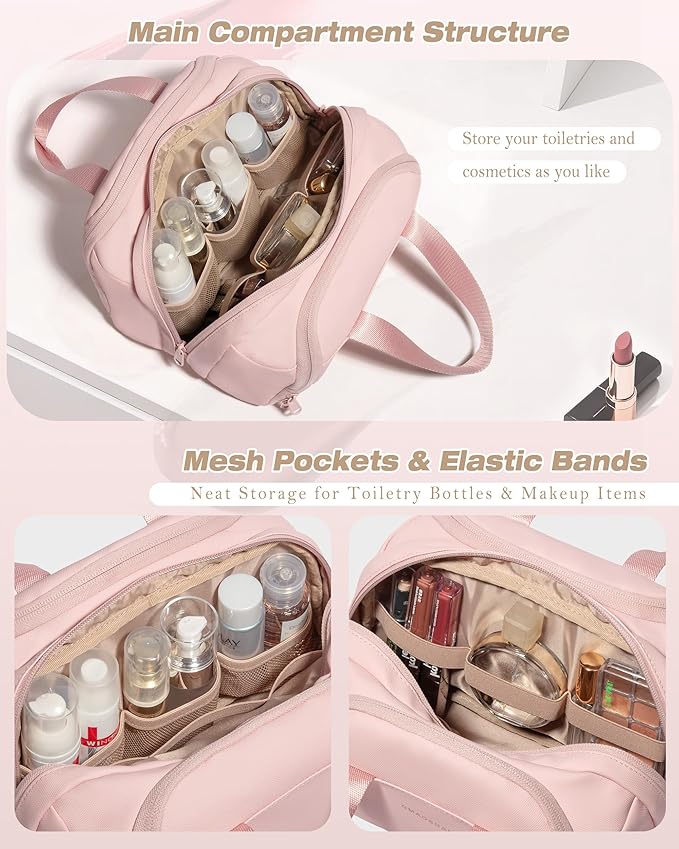 Travel Makeup Bag, Small Size Waterproof Toiletry & Cosmetic Organizer with Leakproof Pockets for Bathroom or Vanity Use for Women, Pink