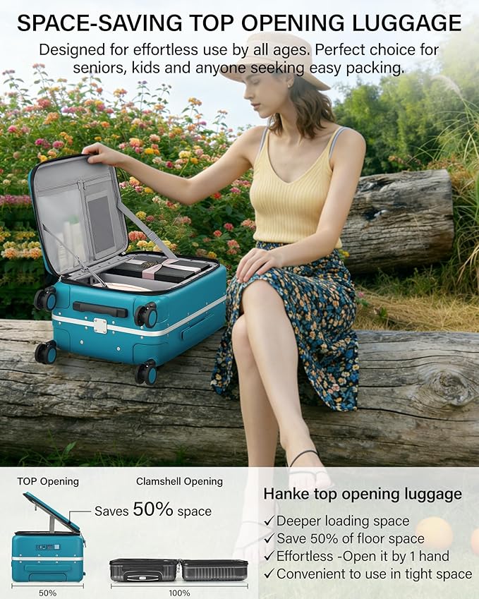 Hanke 20 Inch Top Opening Carry On Luggage, Hard Shell Suitcase with Cup Holder,USB Charging Port, Aluminum Frame with TSA Lock, 8 Spinner Wheels, Dry-Wet Separation Removable Dividers,Caribbean Blue