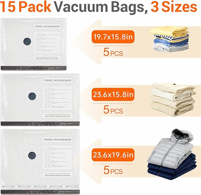 Travel Vacuum Storage Bags with Electric Wireless Pump, Travel Compression Bags for Luggage, Space Saver for Backpack & Suitcase, 15 Pack Combo