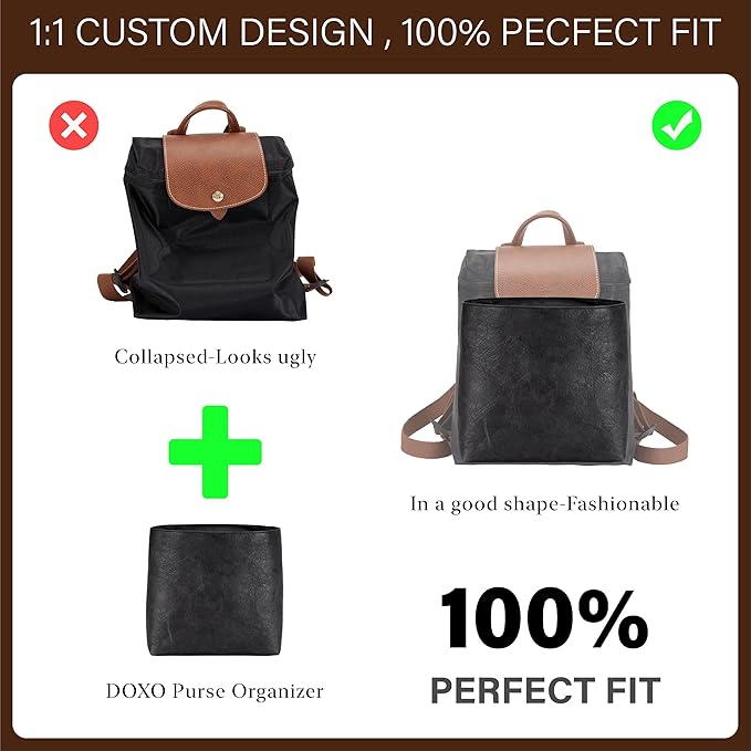 Doxo Upgraded Backpack Organzier Insert Compatible with Longchamp Le Pliage Backpack and More, Ultra-light Waterproof DupontPaper Bag Organizer (Full Black)