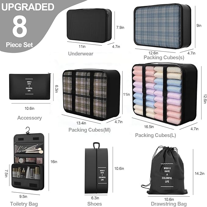 8 Set Packing Cubes for Travel,Suitcase Organizer Bags for Luggage with Shoe & Hanging Toiletry Bag, Vacation Essentials & Accessories for Cruise Ship, Airplane Must-Have,Road Trip & Camp Gifts(Black)
