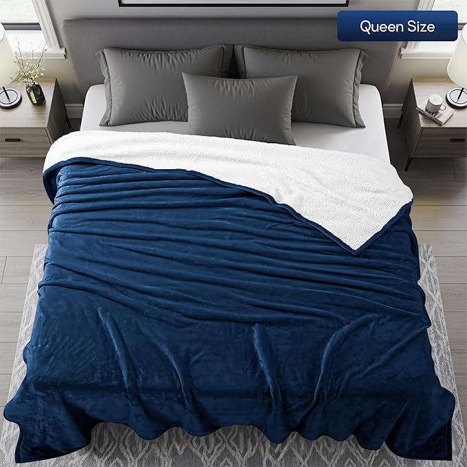 Utopia Bedding Sherpa Blanket Queen Size (Navy, 90x90 Inches) - Soft Lightweight Plush Fleece Reversible Blanket for Bed, Sofa, Couch, Camping and Travel