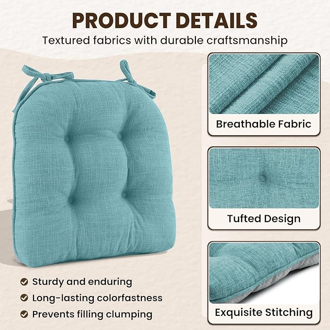downluxe Indoor Chair Cushions for Dining Chairs, Tufted Overstuffed Textured Kitchen Chair Pads with Ties and Non-Slip Backing, 15.5" x 15.5" x 4", Aqua Blue, 4 Pack