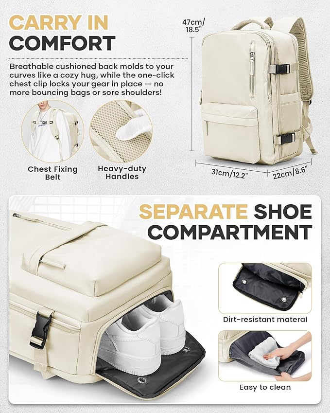 VECAVE Vacuum Travel Backpack with Pump for Women,Airback Personal Item Carry on Backpacks Flight Approved 18x14x8 inches for Men,Laptop Waterproof Work Compression bags Casual Daypack. (Beige)