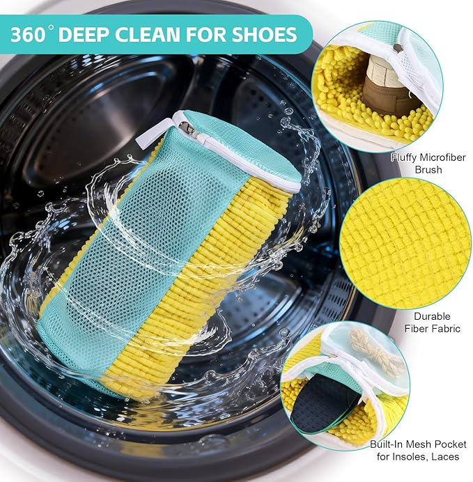 Shoe Washing Machine Bag Reusable Sneaker Washing Bag with Built-in Fluffy Brushes for 360° All-Around Cleaning. Laundry Shoe Bag is Designed for Washer and Dryer （Yellow 2pcs Pro）