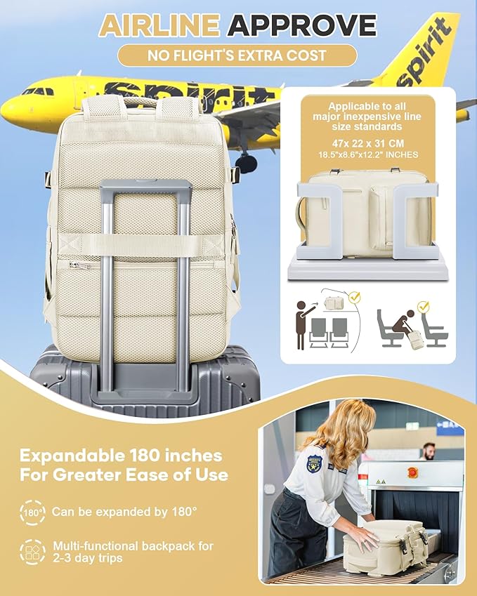 VECAVE Vacuum Travel Backpack with Pump for Women,Airback Personal Item Carry on Backpacks Flight Approved 18x14x8 inches for Men,Laptop Waterproof Work Compression bags Casual Daypack. (Beige)