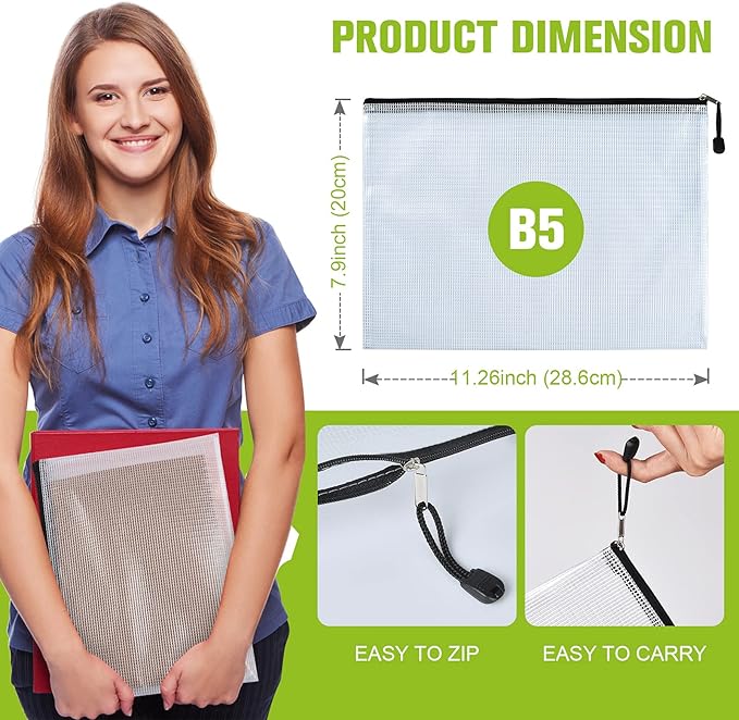 12 Pcs Plastic Mesh Zip File Bags, Waterproof Tear-Resistant Document File Folders, B5 Size Zipper Documents Pouch Document Organizer Bags for School Office Home Travel Storage(11.26×7.9 Inch)