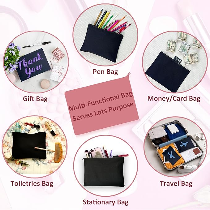 Koolmox Canvas Pouch with Zipper Bulk, 40 pcs 7.9x5.5'' Cosmetic Bag Multipurpose Makeup Pouches with Zipper Canvas Bag Large Travel Toiletry Pouch DIY Craft Purse, Black Bags Black Zip