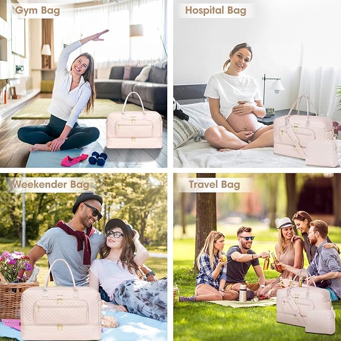Weekender Overnight Bag Women: Large Travel Duffle Bag with Shoe Compartment & Wet Pocket Carry On Tote Bag Gym Duffel Bag with Toiletry Bag Bag for Hospital Beige