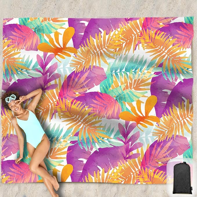 Beach Blanket Waterproof Sandproof Oversized 95”x 80”,Sand Free Beach Mat with Corner Pockets,Portable Mesh Bag for Beach Festival,Picnic,Travel and Outdoor Camping (Tropicalleaf)